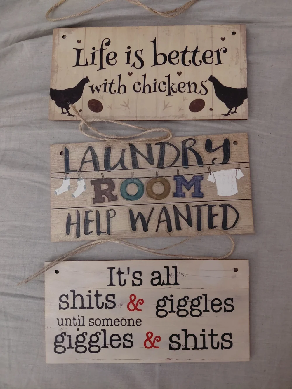 ​Bundle of 3 Funny Rustic Wood Hanging Signs Farmhouse Laundry Kitchen Decor